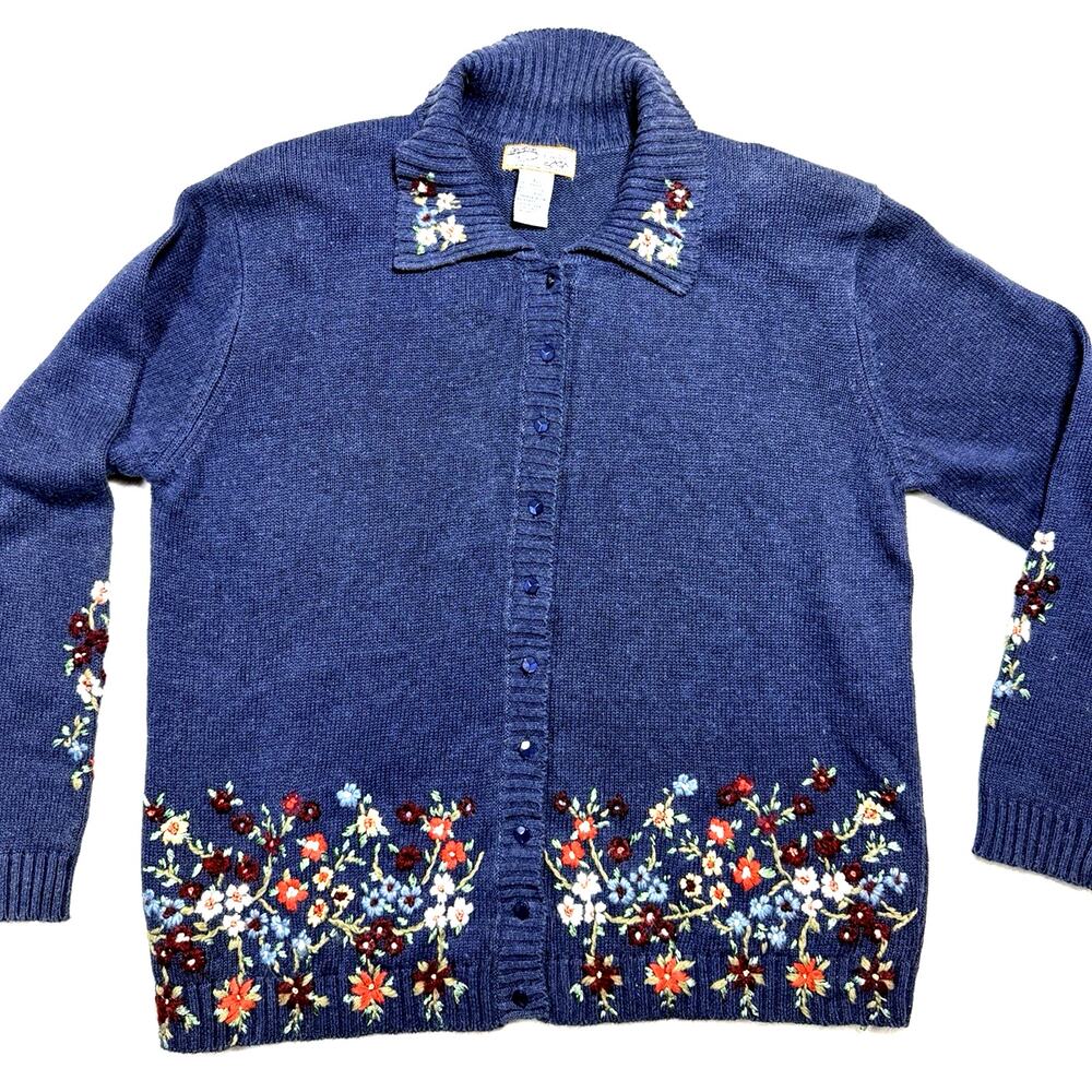 Heirloom Collectibles Vtg Blue Floral Embroidered Cardigan XL
